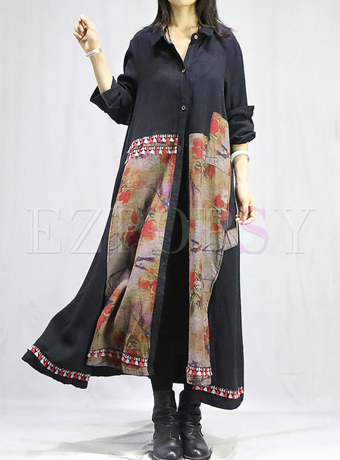 Plus Size Print Patchwork Long Trench Coat