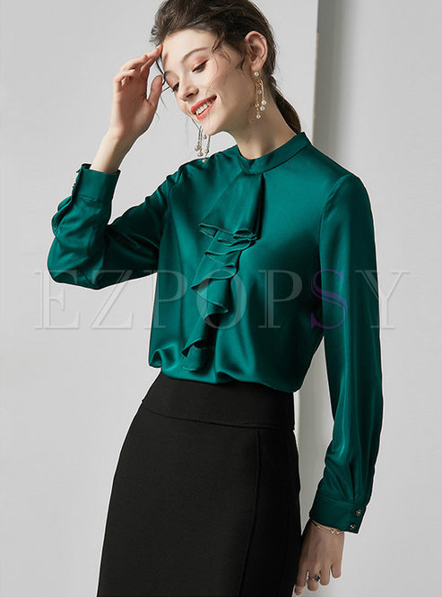 Tops | Blouses | Solid Color Mock Collar Falbala Pullover Silk Blouse