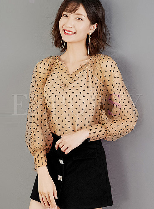 V-neck Polka Dot Pullover Blouse With Camisole