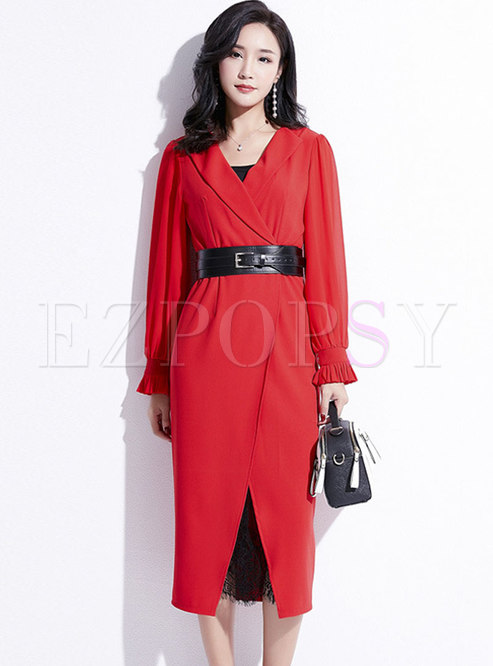 Notched Long Sleeve Belted Dress With Sling Dress