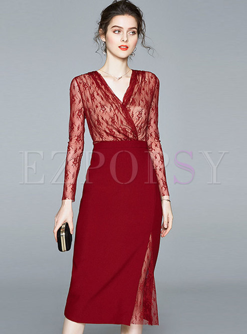 Red V-neck Lace Patchwork Bodycon Dress