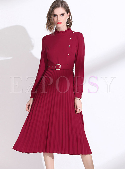 Dresses | Skater Dresses | Wine Red Long Sleeve A Line Dress With Belt