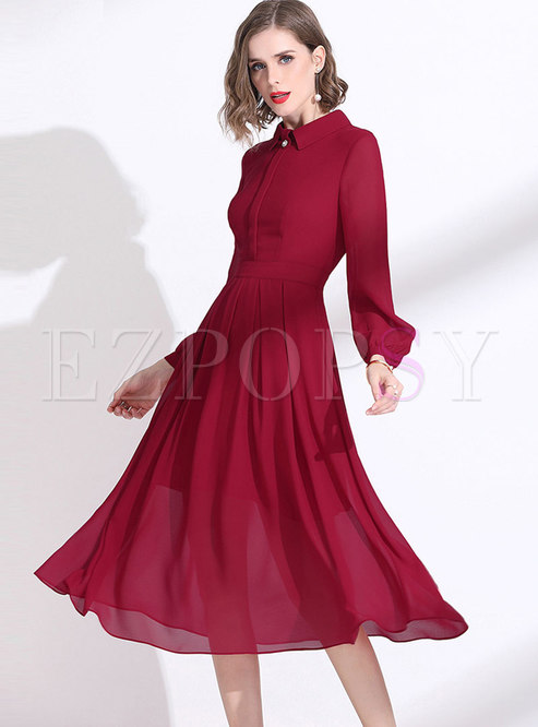 Dresses | Skater Dresses | Wine Red Long Sleeve Chiffon Midi Dress