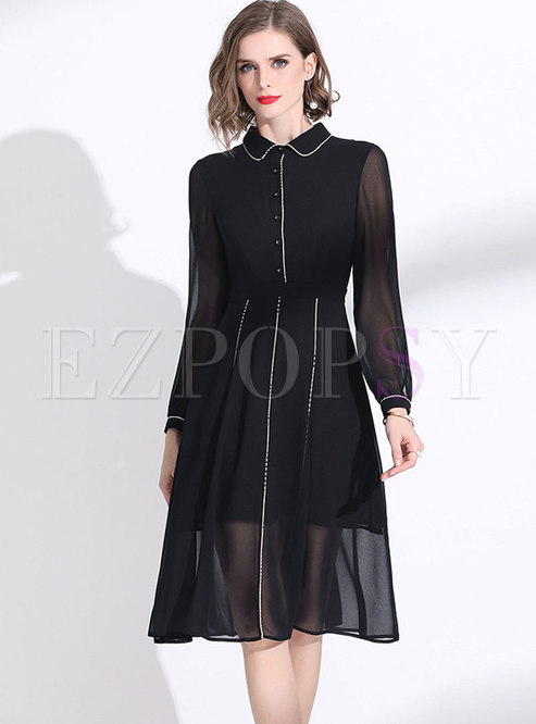 Black Lapel Transparent Chiffon Dress