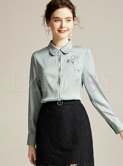 Long Sleeve Embroidered Silk Blouse