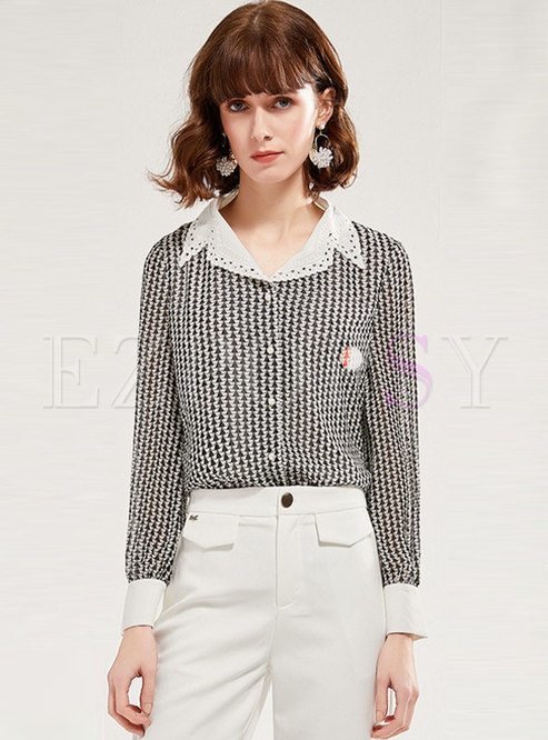 Color-blocked Print Single-breasted Blouse