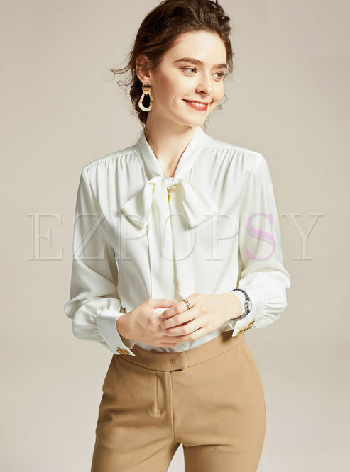 Solid Color Bowknot Silk Blouse