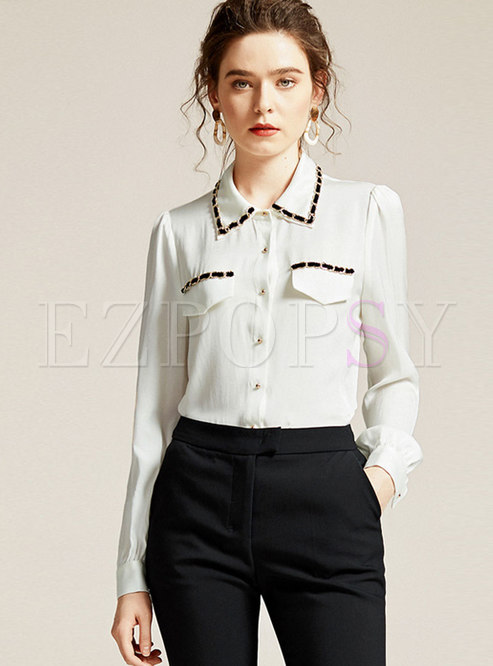 Long Sleeve Silk Blouse With Metal Decoration