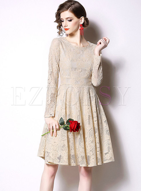 Apricot High Waisted Openwork Lace Dress