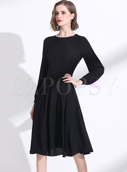 Black Long Sleeve Chiffon A Line Dress