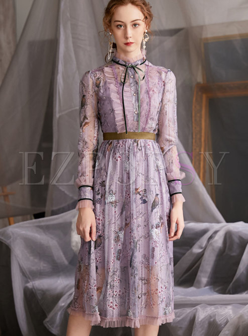 Long Sleeve Mesh Lace Patchwork Print Dress