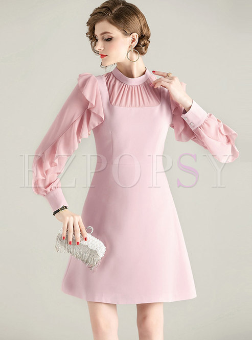 Pink Long Sleeve Falbala Homecoming Dress