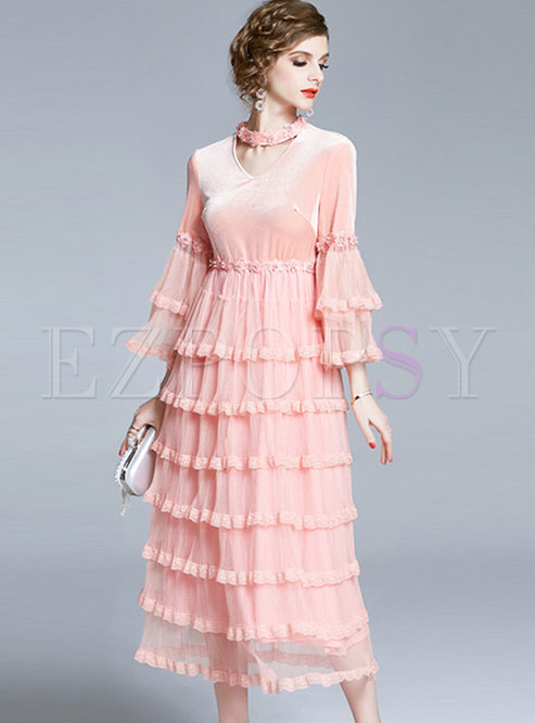 Flare Sleeve Mesh Patchwork Party Cake Dress