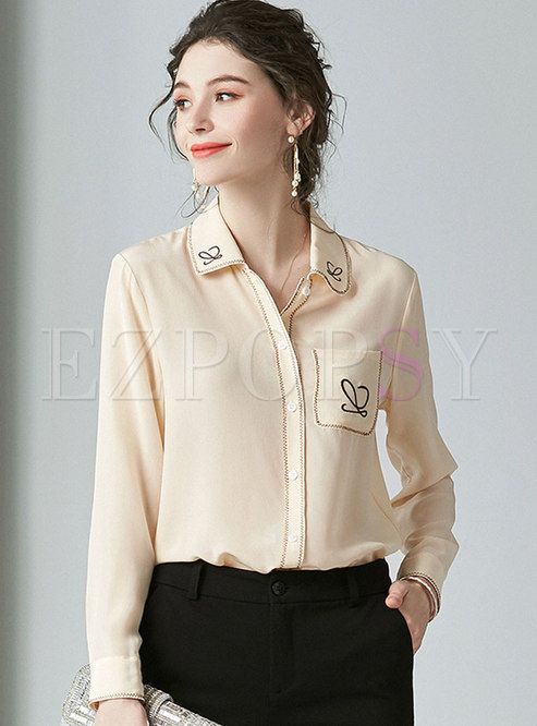 Apricot Lapel Single-breasted Silk Blouse