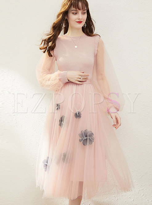 Pink Transparent Mesh Patchwork Suit Dress