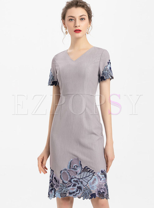 Short Sleeve Embroidered Patchwork Bodycon Dress