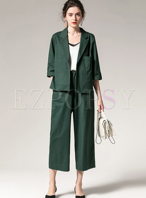 Notched Loose Wide Leg Cropped Pant Suits