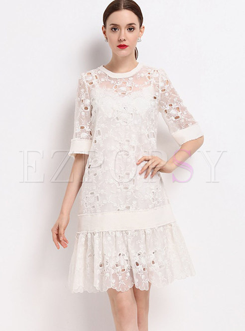 Lace Openwork Ruffle Dress With Camisole