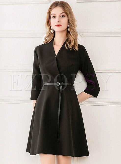 V-neck Belted Little Black Dress