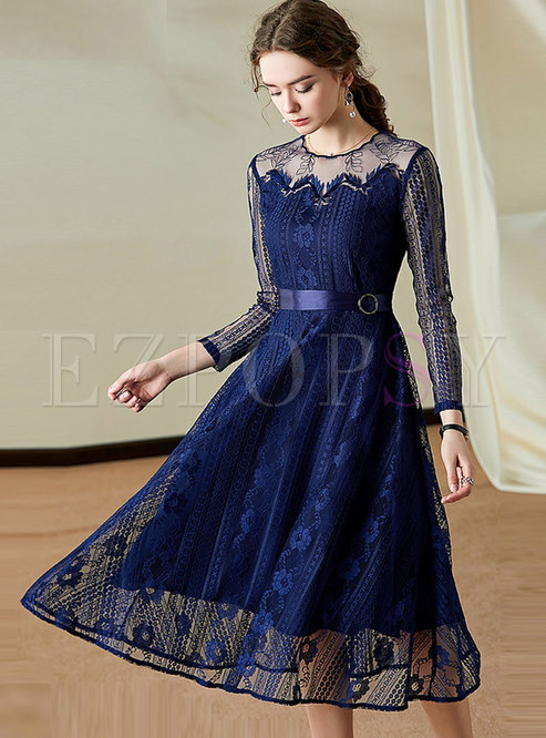 Lace Openwork Belted Midi Dress