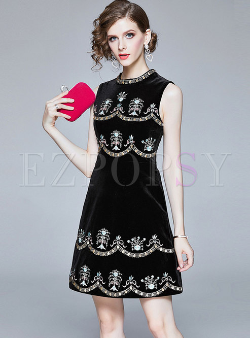 Black Embroidered Sleeveless Mini Skater Dress