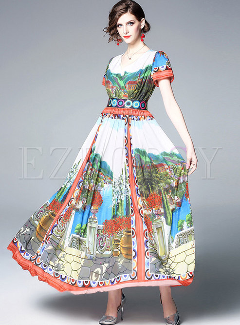 Print Short Sleeve Big Hem Maxi Dress