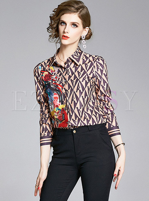 Tops | Blouses | Letter Print Lapel Buttoned Blouse