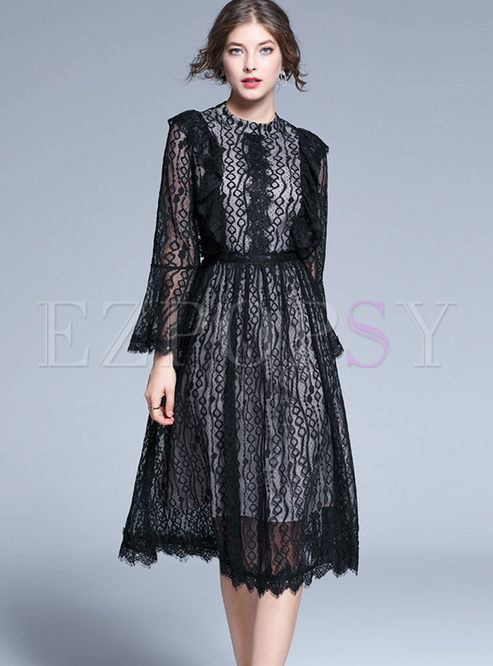 Lace Flare Sleeve Openwork Skater Dress