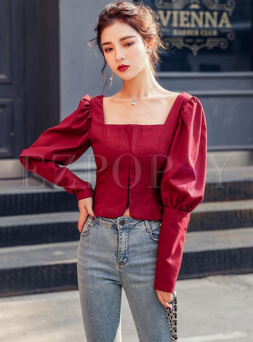 Square Neck Puff Sleeve Short Blouse