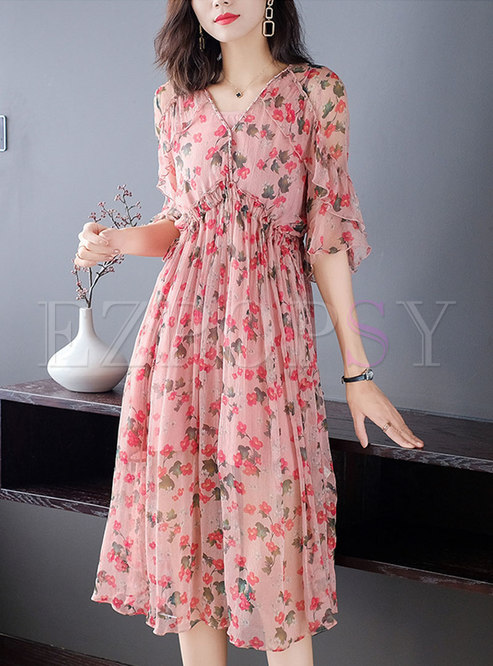 Flare Sleeve Floral Silk Midi Dress
