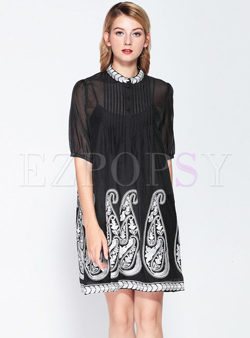 Embroidered Stand Collar Ruched Shift Dress