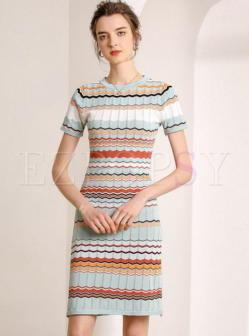 Color Block Openwork Knitted Mini Dress