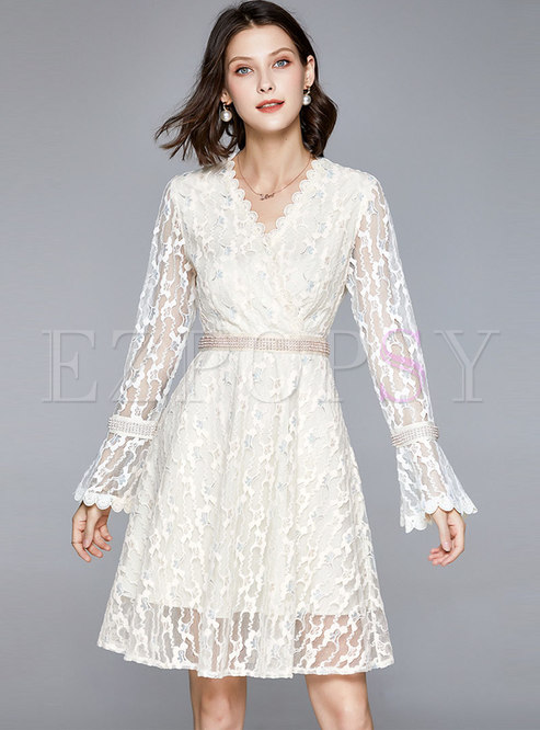 Flare Sleeve Lace Drilling Skater Dress