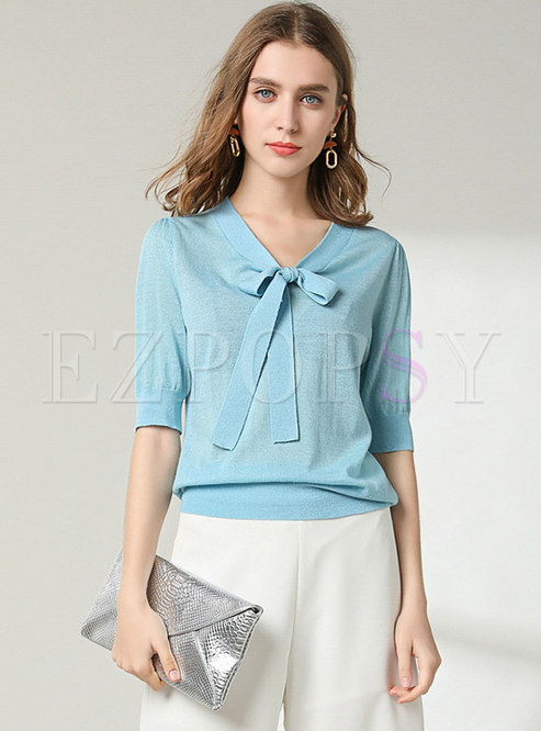Half Sleeve Bowknot Pullover Knit Top