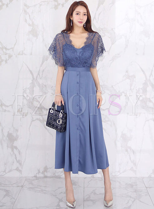 High Waisted Lace Patchwork Maxi Dress