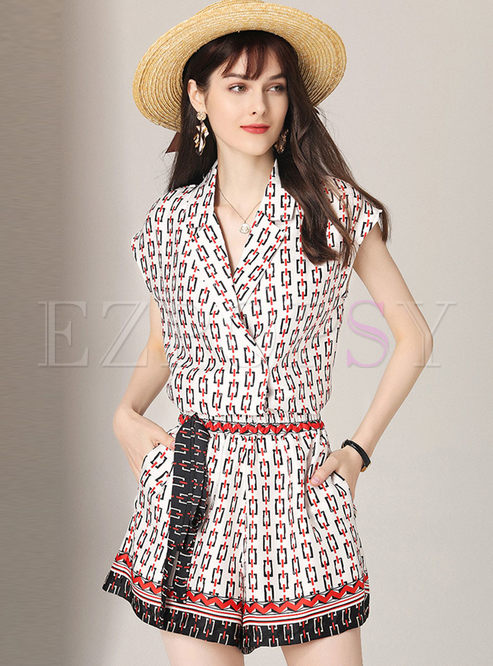 Print Sleeveless Wide Lapel Pant Suits