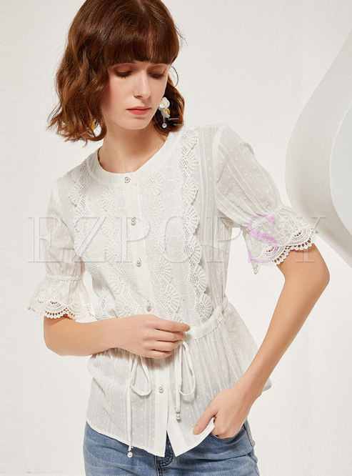 Flare Sleeve Patchwork Drawcord Blouse