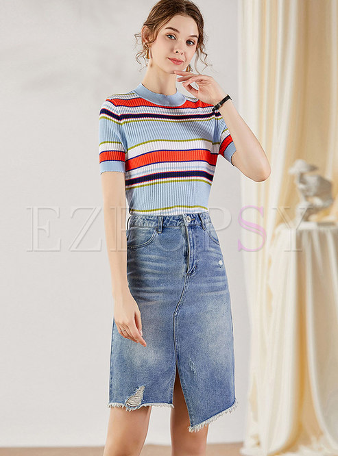 Striped Knit Top & Denim Pencil Skirt