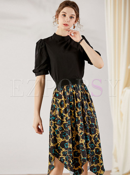 Stand Collar Print Asymmetric Skirt Suits