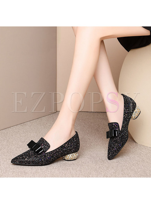 Pointed Toe Glitter Bowknot Shoes