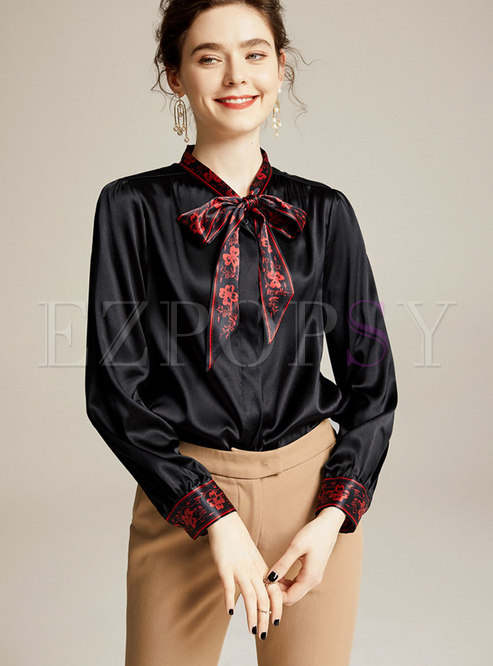 Stand Collar Bowknot Silk Blouse