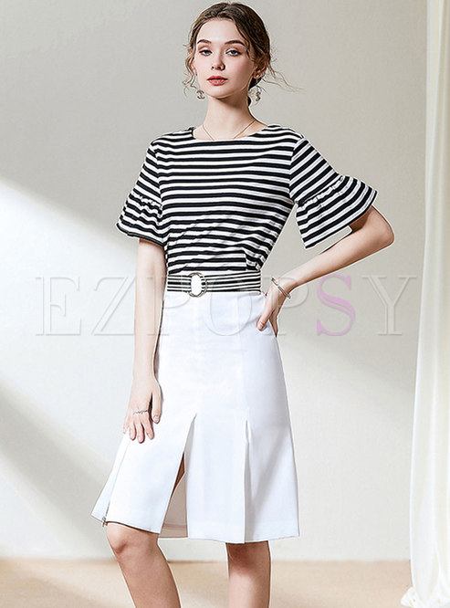 Striped Flare Sleeve Bodycon Skirt Suits
