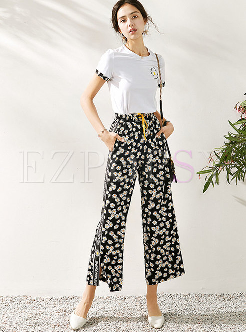 Crew Neck Floral Drawcord Pant Suits