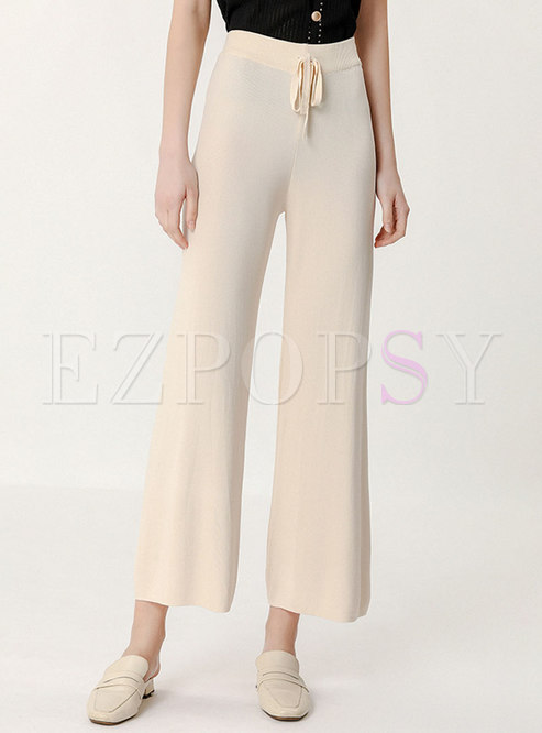 Solid Color Drawcord Knitted Wide Leg Pants