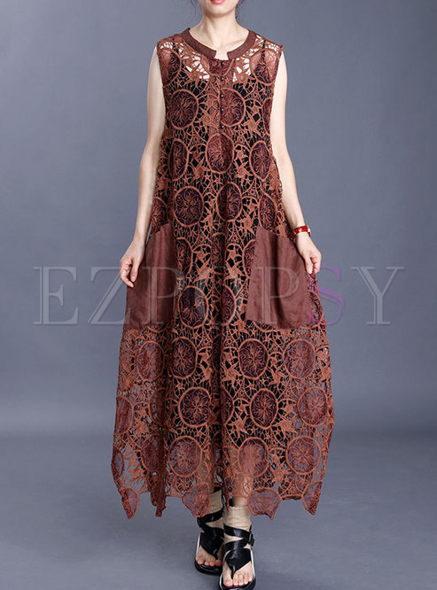 Embroidered Asymmetric Loose Maxi Dress With Camis