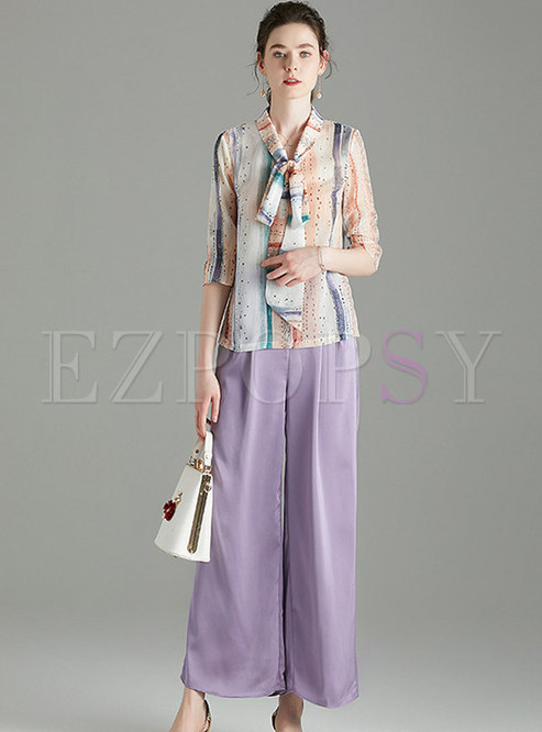 Print Scarf Collar Wide Leg Pant Suits