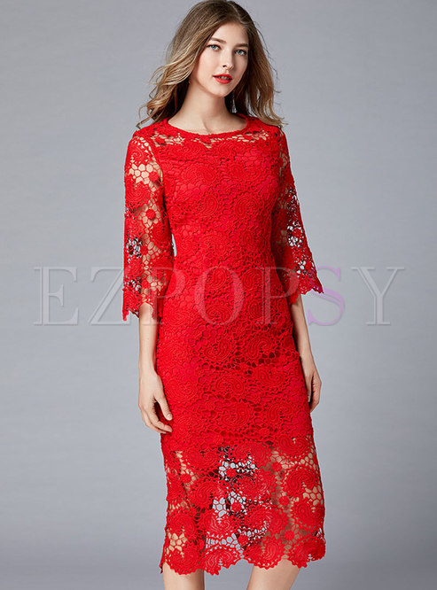 Lace Openwork Flare Sleeve Bodycon Dress