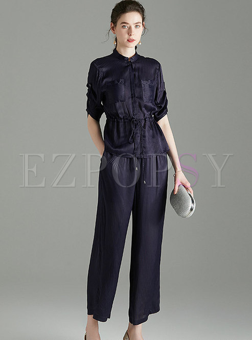 Drawcord Striped Stand Collar Pant Suits