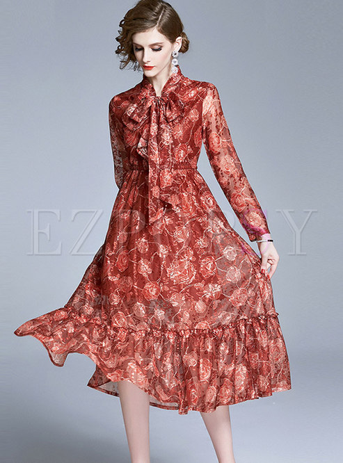 Lace Print Tie-collar Elastic Waist Midi Dress