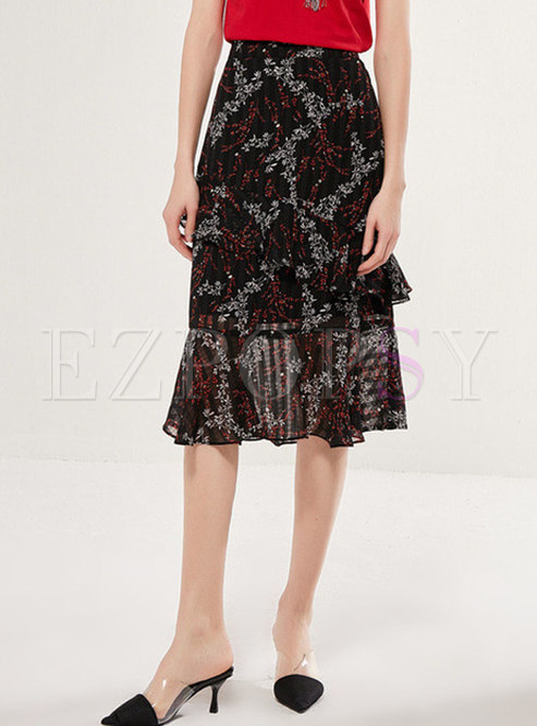 Floral Elastic Waist Peplum Skirt